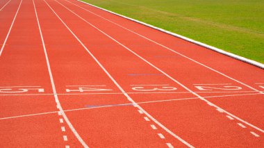 Turuncu sentetik koşu pisti. Atletizm stadyumunda sayılar ve yeşil alan.