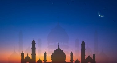 Silhouette Mosque domes with Crescent moon on blurred Twilight sky background, backdrop design for iftar period during Ramadan Holy month, illustration mode