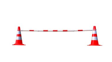 İzole edilmiş beyaz zemin üzerinde ayarlanabilir bariyer çubuğu olan iki kırmızı ve beyaz koni kırpma yolu ile