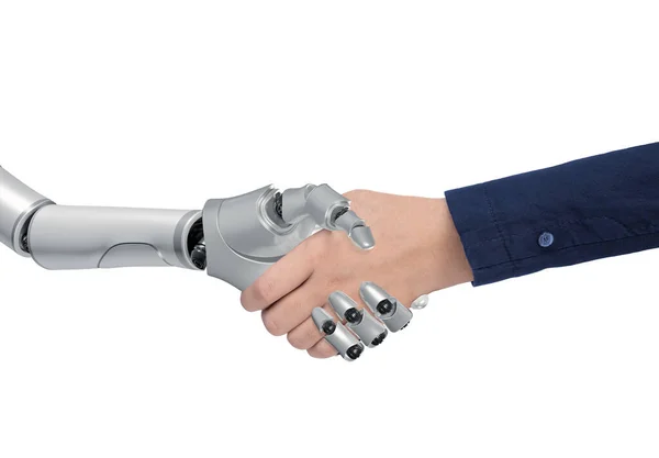 stock image Robot and Businessman Shaking Hands on isolated white background with clipping path, 3d render, Concept of using modern Artificial Intelligence Technology in Business administration