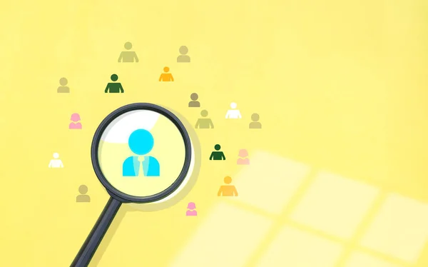 Focus at manager icon on magnifying glass with many employee icons group on yellow background for Human Resource Management (HRM) and Recruitment leadership hiring concept, illustration
