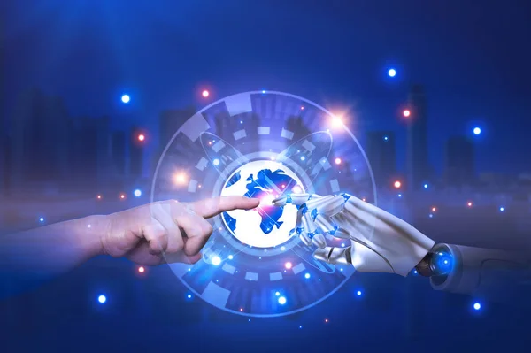 Robot and Human Hands Touching Fingers on futuristic world graphic icon and night blue city background, 3D Rendering Artificial Intelligence system and Metaverse Technology Development