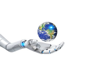 Robot El Tutma Gezegeni Dünya beyaz arka planda izole edilmiş, 3 boyutlu görüntüleme, NASA tarafından desteklenen bu görüntünün elementleri