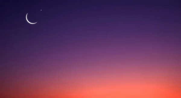 Halvmåne Stjerne Vandret Twilight Sky Baggrund Med Smukt Orange Sollys - Stock-foto