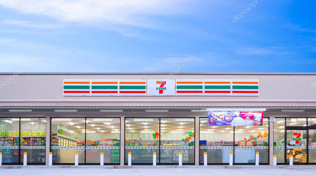 Samut Sakhon, Thailand - March 27, 2023 : Front view of large 7-11 Convenience Store is undergoing interior decoration and product placement to be open for service in the next few days