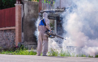 Sokaktaki koruyucu giysiler içindeki sağlık çalışanı, açık alandaki terk edilmiş evdeki sivrisinekleri ortadan kaldırmak için kimyasal püskürtüyor.
