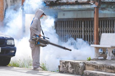Outdoors Healthcare worker in protective clothing on street is spraying chemical to eliminate mosquitoes in overgrown area at abandoned house in public area clipart