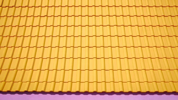 Желтая Керамическая Черепичная Крыша Вершине Розового Современного Дома Солнечным Светом — стоковое фото