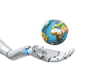 Robot El Tutuşu 'nun 3D canlandırması Renkli Çokgen Grafik Dünya Gezegeni Kırpma yolu ile beyaz zemin üzerinde izole edilmiş, 3D illüstrasyon