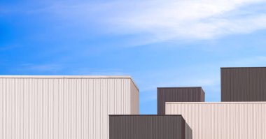 Manipülasyon teknikleri tarzında Geometrik mimari özellikli arka plan tasarımı, modern gri ve beyaz alüminyum fabrika binaları grubu mavi gökyüzüne karşı minimal tarzda