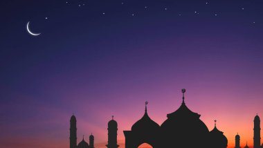 Siluet Cami Evleri ve Hilal Ay, gece gökyüzünde yıldızlar, Ramazan ayının kutsal aylarında iftar arkaplanı, Kurban Bayramı, Kurban Bayramı, Mübarek, illüstrasyon
