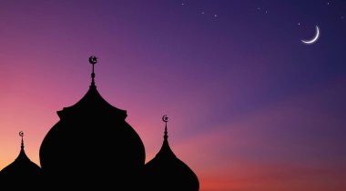 Siluet cami kubbeleri ve yıldızlı hilal ay, renkli karanlık gökyüzü arkaplanı, iftar döneminde kutsal Ramazan ayı, illüstrasyon.