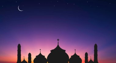 Siluet Cami Evleri ve Hilal Ay, gece gökyüzünde yıldızlar, Ramazan ayının kutsal aylarında iftar arkaplanı, Kurban Bayramı, Kurban Bayramı, Mübarek, illüstrasyon