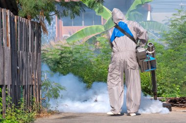 Sivrisinekleri temizlemek için sis ilacı sıkmak ve gecekondu mahallelerinde aşırı büyüyen dang hummasını önlemek için sis makinesi kullanan sağlık görevlisi.