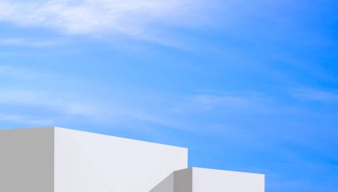 Arkaplan Beyaz Podyum Mavi yaz gökyüzüne karşı duruyor, Kozmetik ürün sunumu için minimum 3d platform basamağı, illüstrasyon