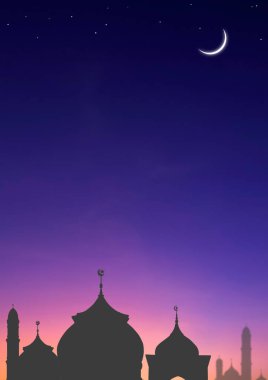 Cami Kubbesi ve Hilal Ay Gece Ramazan ayında, Gökyüzü Dikey Arkaplanı, Siluet Minaresi ve Alacakaranlık Gününde Yıldız ve Kurban Bayramı, Kurban Bayramı, Mübarek Festivali, illüstrasyon