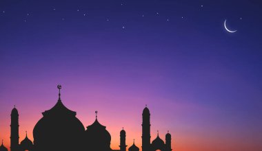 Ramazan gecesi gökyüzü arka planında yıldızlı cami kubbesi ve hilal ay, alacakaranlık gökyüzü zemininde Siluet Minaresi ve Kurban Bayramı, Kurban Bayramı, Mübarek festivali, illüstrasyon 