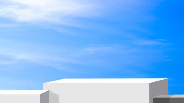 Mavi yaz gökyüzü arkaplanına karşı beyaz podyum sahnesi, kozmetik ürün sunumu için minimum 3d platform basamağı, illüstrasyon