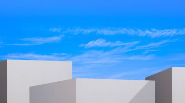 Arkaplan Geometrik Beyaz Podyum Adımları Mavi Yaz Gökyüzüne Karşı, Minimal 3d Platform Kozmetik Ürün Sunumu, İllüstrasyon