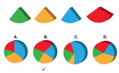 Dört pasta grafiği segmenti ve dört tamamlanmış grafikle IQ soyut muhakeme testi seçenekleri