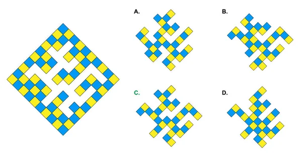 IQ test question with one main object where elements missing and four options on the right side.