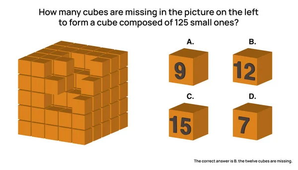 Question Raisonnement Logique Abstrait Combien Cubes Manque Sur Image Gauche — Image vectorielle