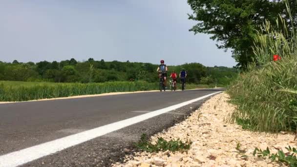 地面から晴れた日に記録されたビデオ カメラの前を後ろから3人の自転車が通りかかった — ストック動画