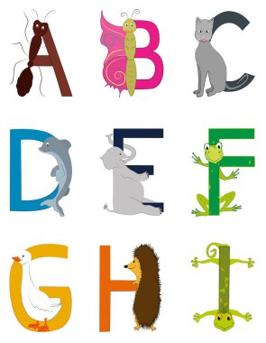 Renkli alfabe harfleri olan karikatür görünümlü hayvanların vektör çizimi