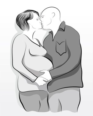 Hamile bir kadın eli olan genç bir çiftin vektör portresi dikey çizim şekli