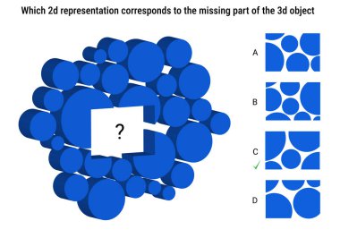 IQ soyut mantıksal muhakeme sorusu, bir parçası eksik olan bir ana grafik ve sağ tarafta verilen dört seçenek. C seçeneği doğru cevap..