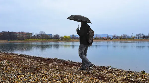 Siyah beyaz filtrelenmiş, siyah beyaz şemsiyeli bir adam kasvetli ve yağmurlu bir günde gölün kenarında yürür..