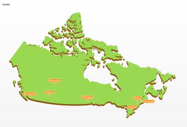 3d vektör illüstrasyonu grafik yeşil renk coğrafi haritası ile Kanada 'nın en büyük şehirleri gösterilmiştir