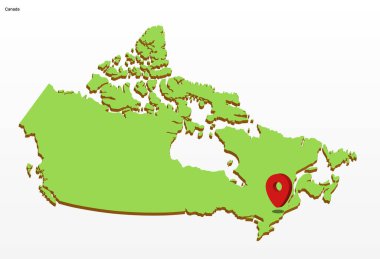 3d vektör illüstrasyon grafik yeşil renkli Kanada coğrafi haritası ve başkentte kırmızı işaret simgesi