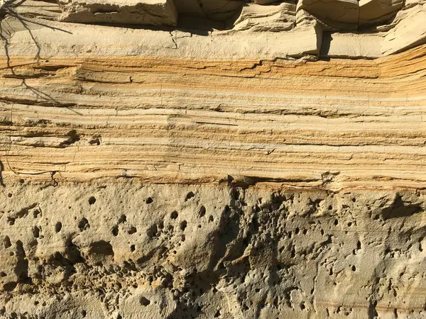 Katmanlı kumtaşının yakın çekimi yatay çizgileri ve çeşitli tonlar, kahverengi ve bej tonlarını gösteriyor. Bu da zamanla oluşan tortul kaya desenlerini ortaya çıkarıyor..