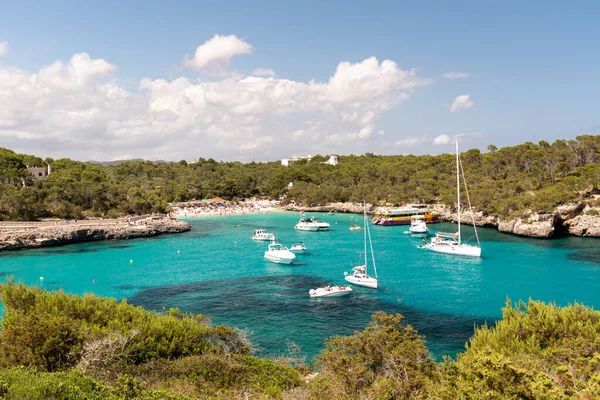 stock image At the enchanting Cala Mondrago in Mallorca, Spain, visitors can enjoy crystal-clear waters, soft white sand, and lush greenery, all surrounded by stunning natural beauty