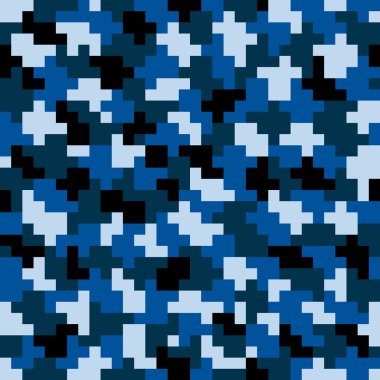 Soyut mavi pikselin kare vektör kamuflaj deseni dokusu. askeri tekstil kumaş tasarımı.