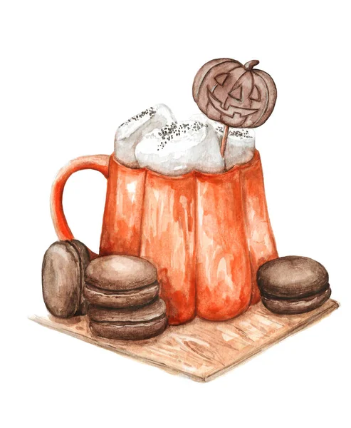 Kézzel Rajzolt Akvarellszínű Tökbögre Forró Itallal Csokival Makarónival Díszítve Halloween Stock Kép