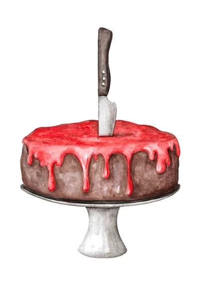 Kézzel Rajzolt Torta Egy Állványon Egy Késsel Közepén Használt Akvarell Jogdíjmentes Stock Fotók