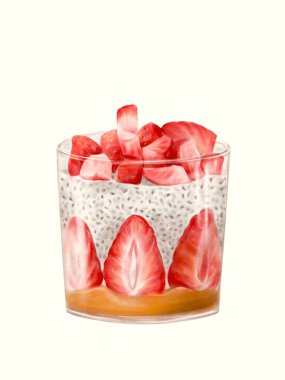 Digital watercolor illustration of strawberry chia pudding and peanut butter. Food illustration. Watercolor texture. Idea for menus, postcards, print, sketchbook, etc. clipart