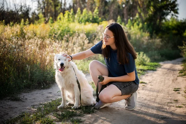 Bir kadın beyaz bir köpeği ormanın arka planında okşuyor. Köpek toprak bir yolda oturuyor..