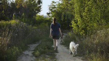 Bir kız, ormanda toprak yolda beyaz bir köpekle yürüyor..