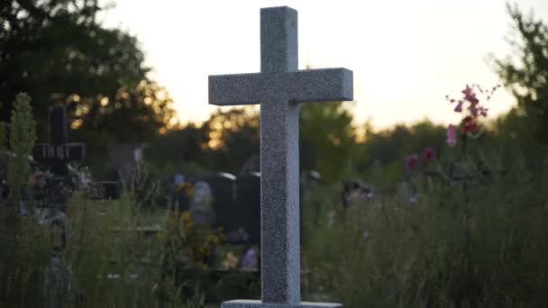 Granitowy Krzyż Tle Cmentarza — Wideo stockowe
