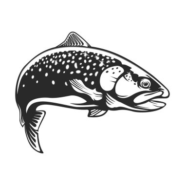 Su dışarı atlama gökkuşağı alabalığı gerçekçi çizim. Beyaz arka plan üzerinde izole kroki. Konsept Sanat Astroloji, dövme veya boyama kitabı.