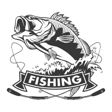 Balık tutma logosunu görmeniz gerekir. Bas çubuk Kulübü amblemi ile balık. Balık tutma Tema illüstrasyon. Beyaz izole.