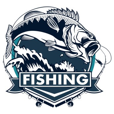 Balık tutma logosunu görmeniz gerekir. Bas çubuk Kulübü amblemi ile balık. Balık tutma Tema illüstrasyon. Beyaz izole.