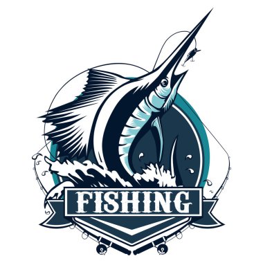 Marlin balığı logosunu görmeniz gerekir. Kılıç balık tutma amblemi spor kulübü için. Kızgın balık arka plan Tema llustration.