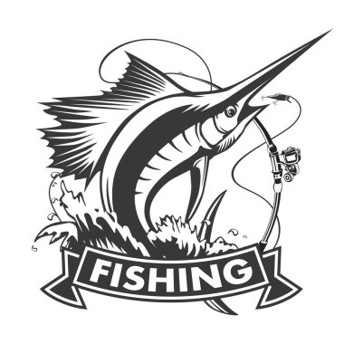 Marlin balığı logosunu görmeniz gerekir. Kılıç balık tutma amblemi spor kulübü için. Kızgın balık arka plan Tema llustration.