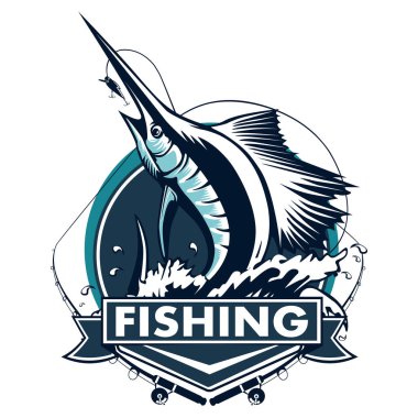 Marlin balığı logosunu görmeniz gerekir. Kılıç balık tutma amblemi spor kulübü için. Kızgın balık arka plan Tema llustration.