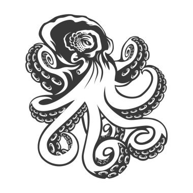 Ahtapot. siyah Vintage illüstrasyon oyma. Beyaz arka plan üzerinde izole.