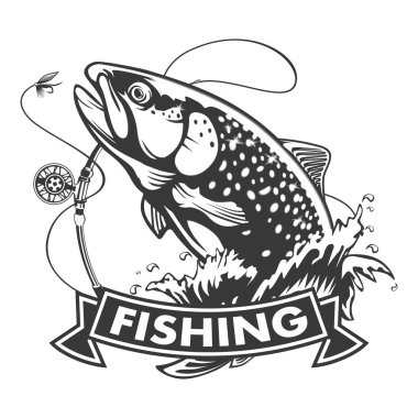 Gökkuşağı alabalığı su dışarı atlama. Beyaz arka plan üzerinde izole somon balığı. Konsept Sanat Astroloji, dövme veya boyama kitabı.